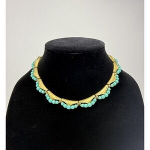 Vintage Crown Trifari Gold Tone Faux Turquoise Necklace Choker